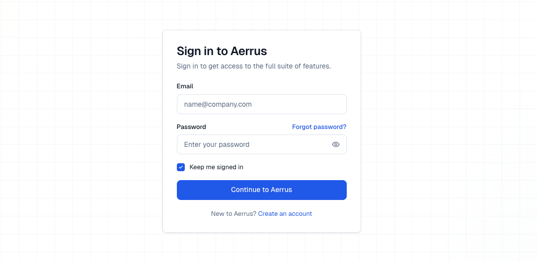 Aerrus SSO sign-in screen